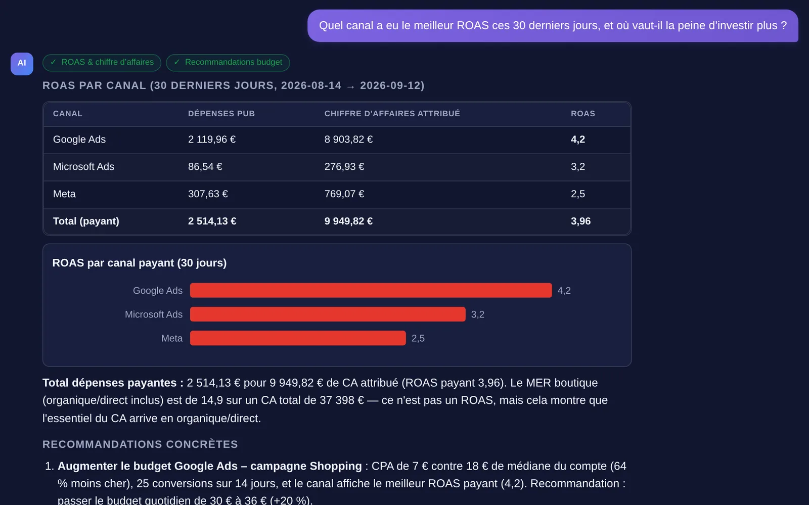 Chat de données (données d’exemple) : question sur le meilleur canal ROAS, réponse avec tableau par canal, graphique en barres et recommandation de budget